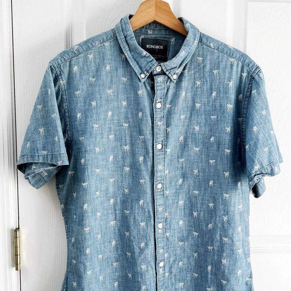 Bonobos Slim Fit Sign Language Short Sleeve Button Up Top in Blue - Picture 2 of 7